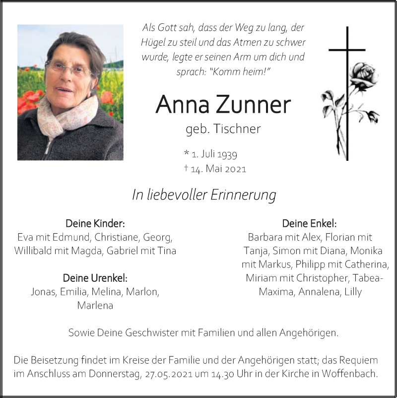  Traueranzeige für Anna Zunner vom 22.05.2021 aus Neumarkter Tagblatt