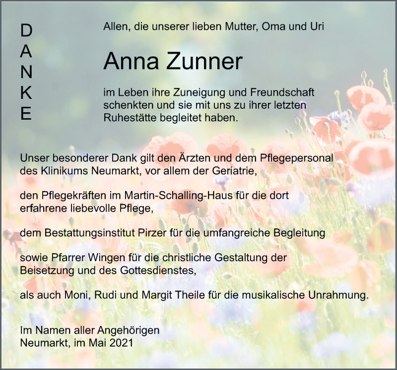  Traueranzeige für Anna Zunner vom 29.05.2021 aus Neumarkter Tagblatt