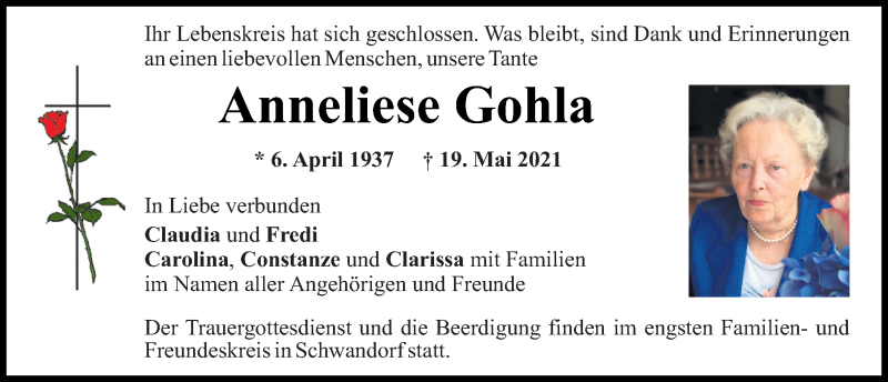 Traueranzeige für Anneliese Gohla vom 21.05.2021 aus Mittelbayerische Zeitung Schwandorf