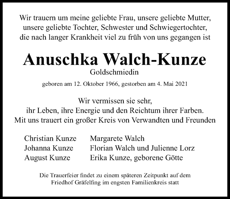  Traueranzeige für Anuschka Walch-Kunze vom 15.05.2021 aus Mittelbayerische Zeitung Regensburg