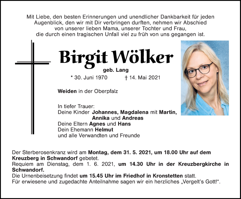  Traueranzeige für Birgit Wölker vom 28.05.2021 aus Mittelbayerische Zeitung Schwandorf