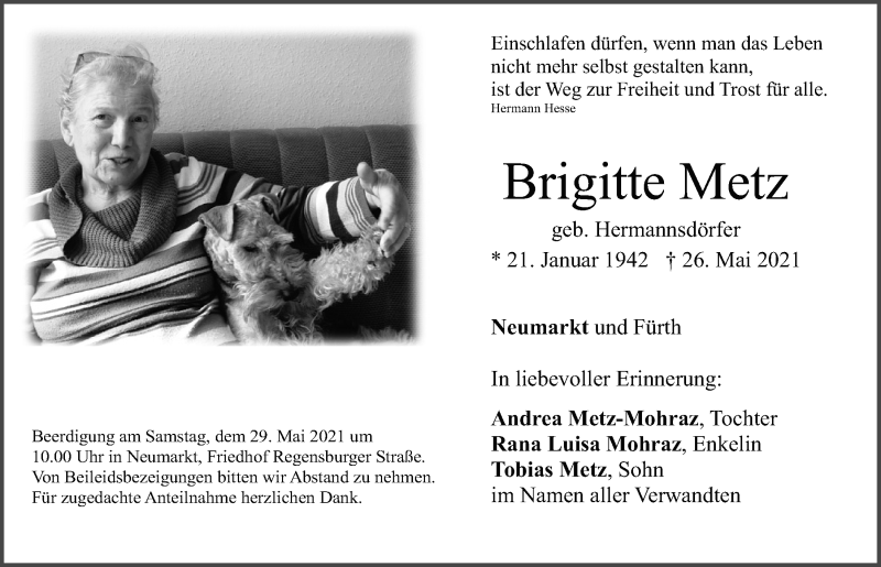  Traueranzeige für Brigitte Metz vom 28.05.2021 aus Neumarkter Tagblatt