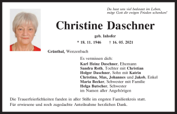 Traueranzeige von Christine Daschner von Mittelbayerische Zeitung Regensburg