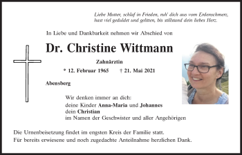 Traueranzeige von Christine Wittmann von Mittelbayerische Zeitung Kelheim