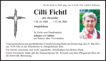 Traueranzeige von Cilli Fichtl von Mittelbayerische Zeitung Regensburg