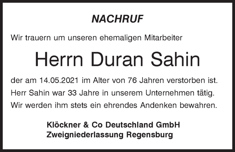  Traueranzeige für Duran Sahin vom 29.05.2021 aus Mittelbayerische Zeitung Regensburg