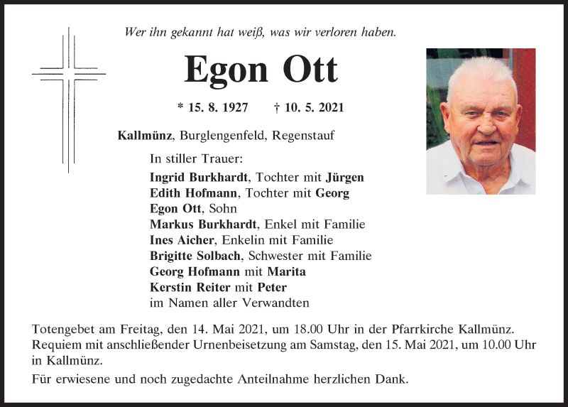  Traueranzeige für Egon Ott vom 12.05.2021 aus Mittelbayerische Zeitung Regensburg