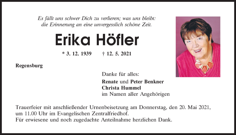  Traueranzeige für Erika Höfler vom 15.05.2021 aus Mittelbayerische Zeitung Gesamtausgabe