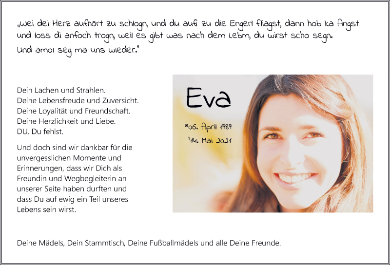  Traueranzeige für Eva  vom 22.05.2021 aus Neumarkter Tagblatt