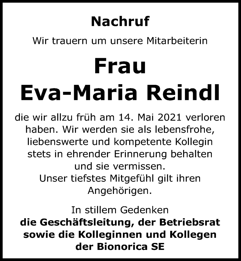  Traueranzeige für Eva-Maria Reindl vom 22.05.2021 aus Neumarkter Tagblatt