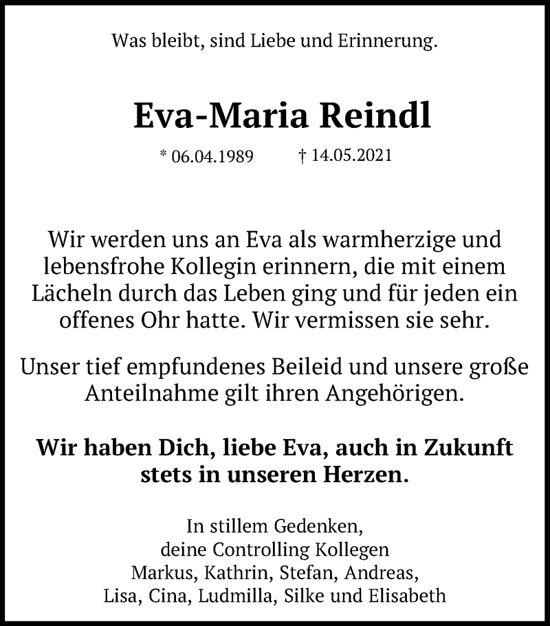  Traueranzeige für Eva-Maria Reindl vom 22.05.2021 aus Neumarkter Tagblatt