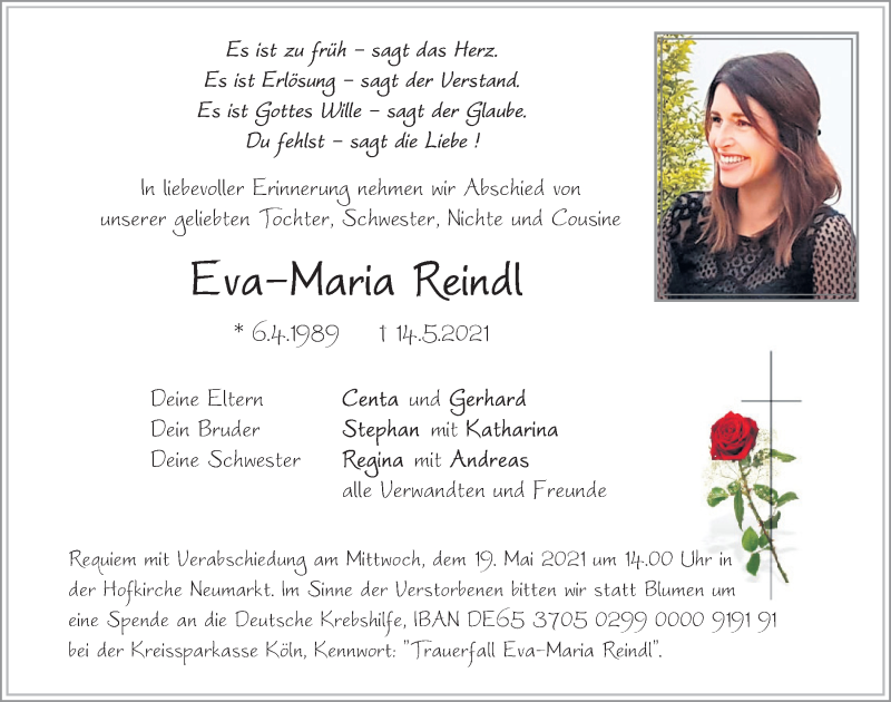  Traueranzeige für Eva-Maria Reindl vom 17.05.2021 aus Neumarkter Tagblatt