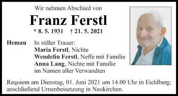 Traueranzeige von Franz Ferstl von Mittelbayerische Zeitung Regensburg