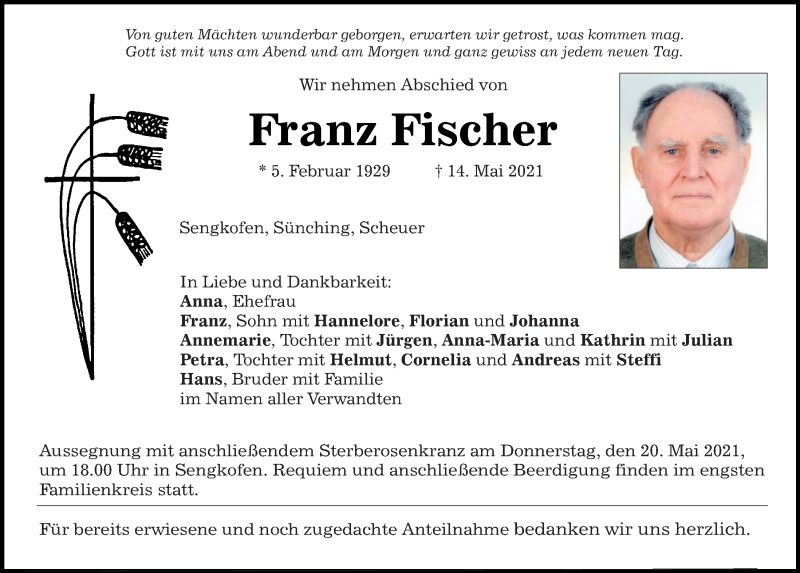  Traueranzeige für Franz Fischer vom 19.05.2021 aus Mittelbayerische Zeitung Regensburg