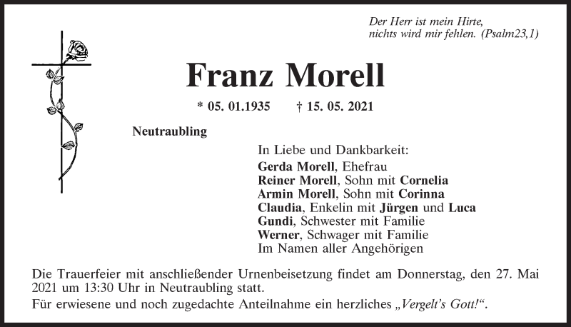  Traueranzeige für Franz Morell vom 22.05.2021 aus Mittelbayerische Zeitung Regensburg