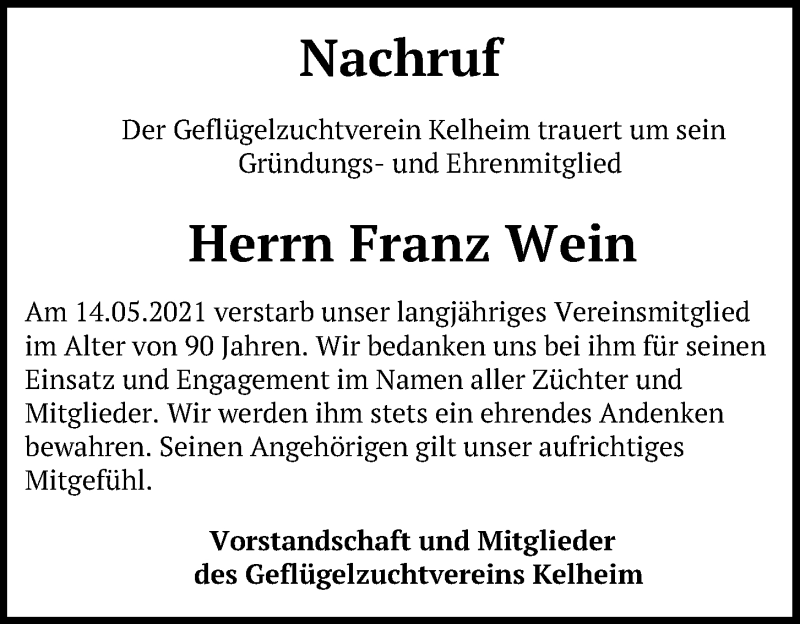  Traueranzeige für Franz Wein vom 19.05.2021 aus Mittelbayerische Zeitung Kelheim
