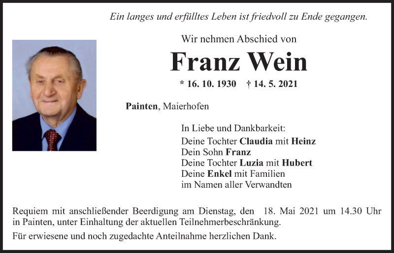  Traueranzeige für Franz Wein vom 17.05.2021 aus Mittelbayerische Zeitung Kelheim