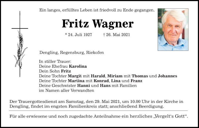  Traueranzeige für Fritz Wagner vom 28.05.2021 aus Mittelbayerische Zeitung Regensburg