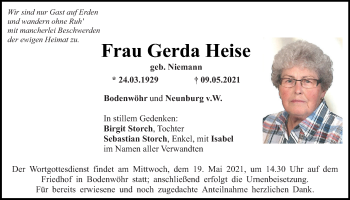 Traueranzeige von Gerda Heise von Mittelbayerische Zeitung Schwandorf
