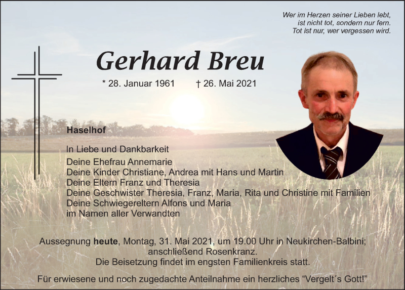  Traueranzeige für Gerhard Breu vom 31.05.2021 aus Mittelbayerische Zeitung Schwandorf
