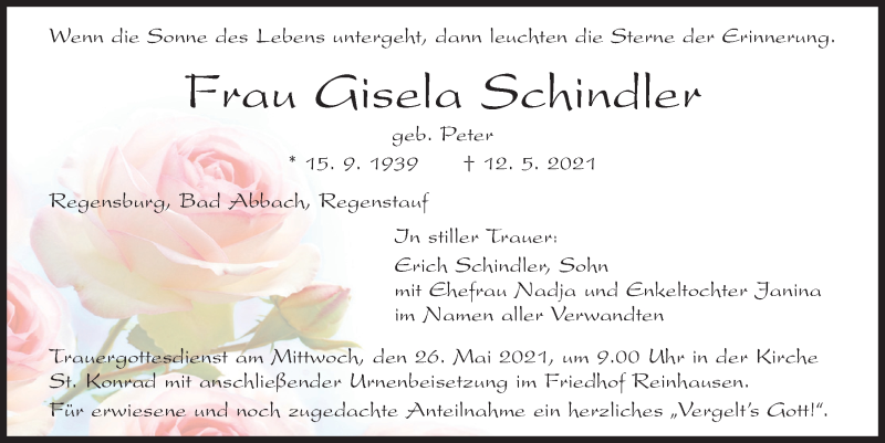 Traueranzeige für Gisela Schindler vom 22.05.2021 aus Mittelbayerische Zeitung Regensburg