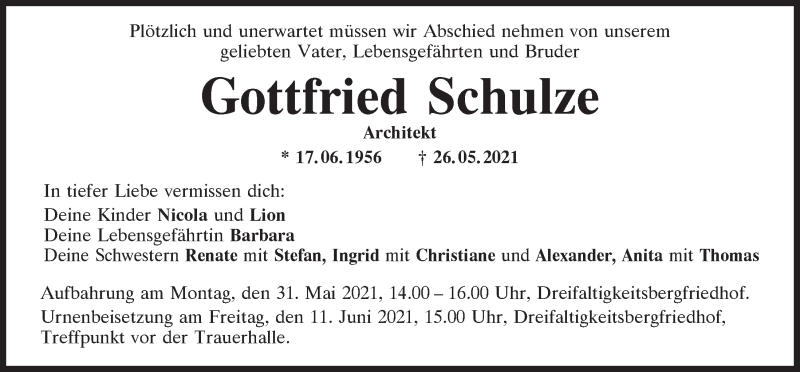  Traueranzeige für Gottfried Schulze vom 29.05.2021 aus Mittelbayerische Zeitung Regensburg