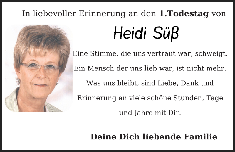  Traueranzeige für Heidi Süß vom 26.05.2021 aus Mittelbayerische Zeitung Schwandorf
