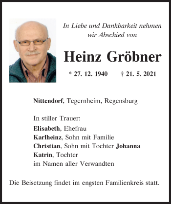 Traueranzeige von Heinz Gröbner von Mittelbayerische Zeitung Regensburg