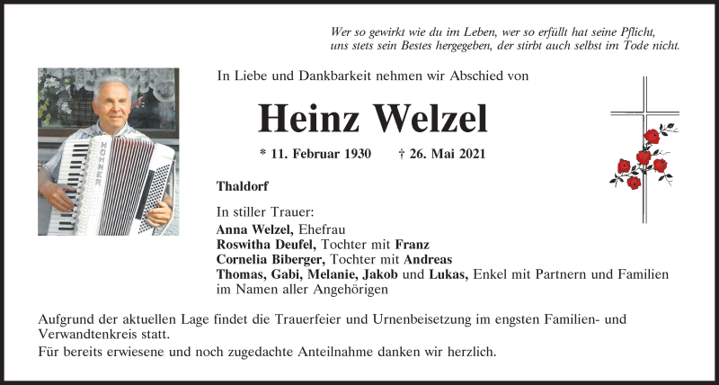  Traueranzeige für Heinz Welzel vom 29.05.2021 aus Mittelbayerische Zeitung Kelheim