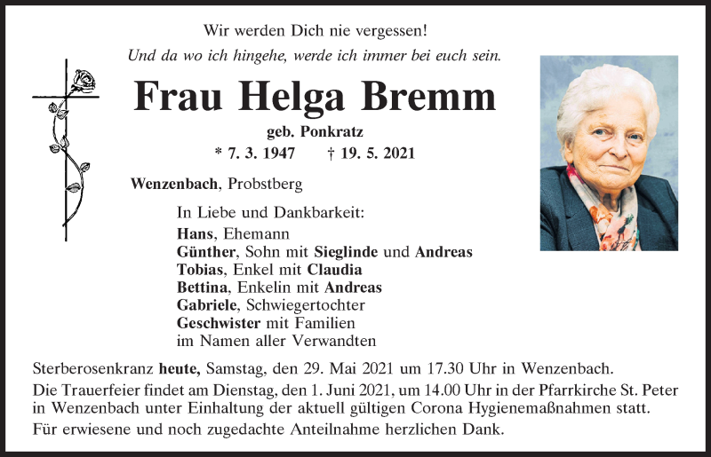  Traueranzeige für Helga Bremm vom 29.05.2021 aus Mittelbayerische Zeitung Regensburg