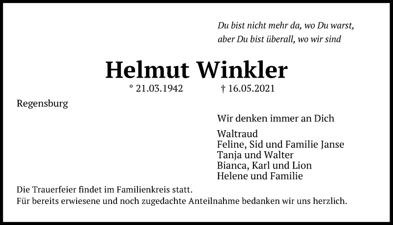  Traueranzeige für Helmut Winkler vom 22.05.2021 aus Mittelbayerische Zeitung Regensburg