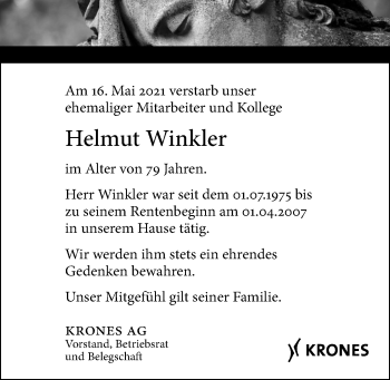 Traueranzeige von Helmut Winkler von Mittelbayerische Zeitung Regensburg