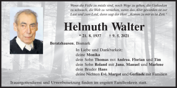 Traueranzeige von Helmuth Walter von Mittelbayerische Zeitung Regensburg