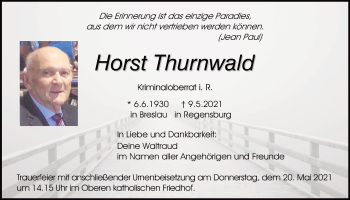 Traueranzeige von Horst Thurnwald von Mittelbayerische Zeitung Regensburg