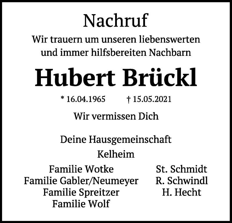  Traueranzeige für Hubert Brückl vom 29.05.2021 aus Mittelbayerische Zeitung Kelheim