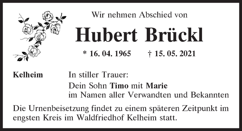  Traueranzeige für Hubert Brückl vom 22.05.2021 aus Mittelbayerische Zeitung Kelheim