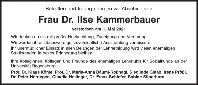  Traueranzeige für Ilse Kammerbauer vom 12.05.2021 aus Mittelbayerische Zeitung Regensburg