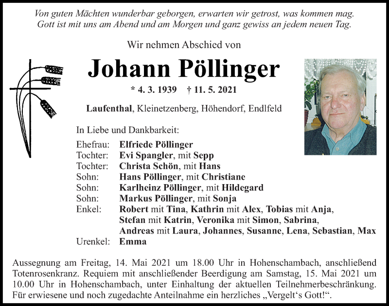  Traueranzeige für Johann Pöllinger vom 14.05.2021 aus Mittelbayerische Zeitung Regensburg