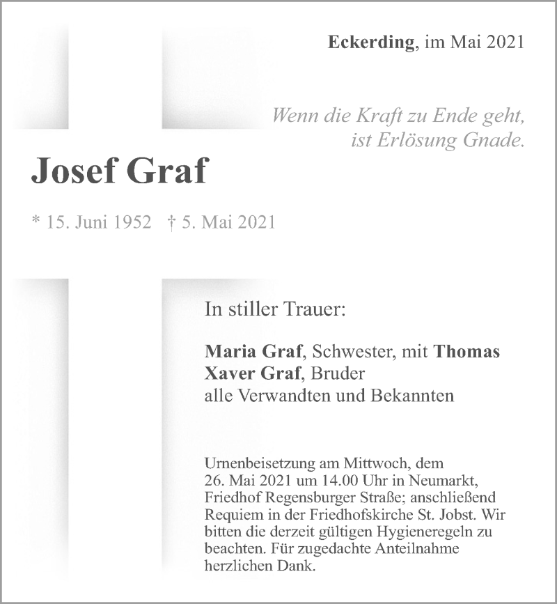  Traueranzeige für Josef Graf vom 22.05.2021 aus Neumarkter Tagblatt