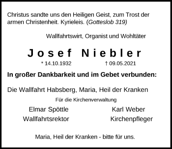 Traueranzeige von Josef Niebler von Neumarkter Tagblatt