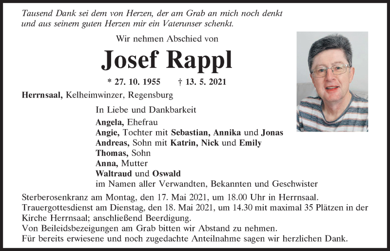 Traueranzeige für Josef Rappl vom 15.05.2021 aus Mittelbayerische Zeitung Regensburg