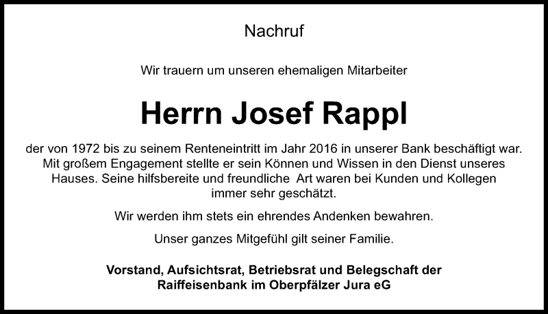  Traueranzeige für Josef Rappl vom 18.05.2021 aus Mittelbayerische Zeitung Kelheim