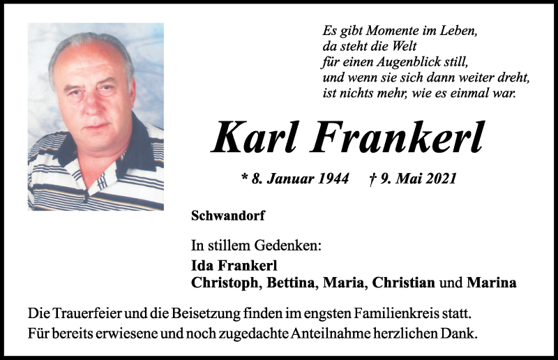  Traueranzeige für Karl Frankerl vom 15.05.2021 aus Mittelbayerische Zeitung Schwandorf
