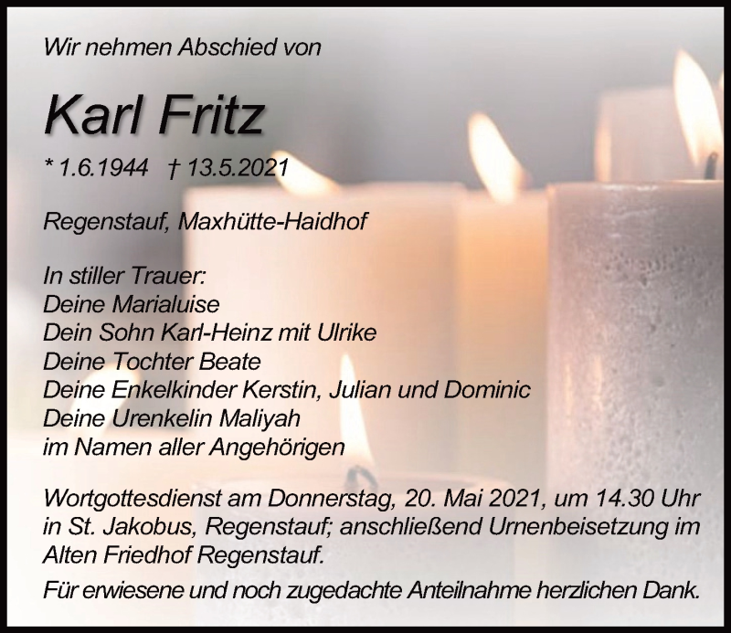  Traueranzeige für Karl Fritz vom 19.05.2021 aus Mittelbayerische Zeitung Regensburg