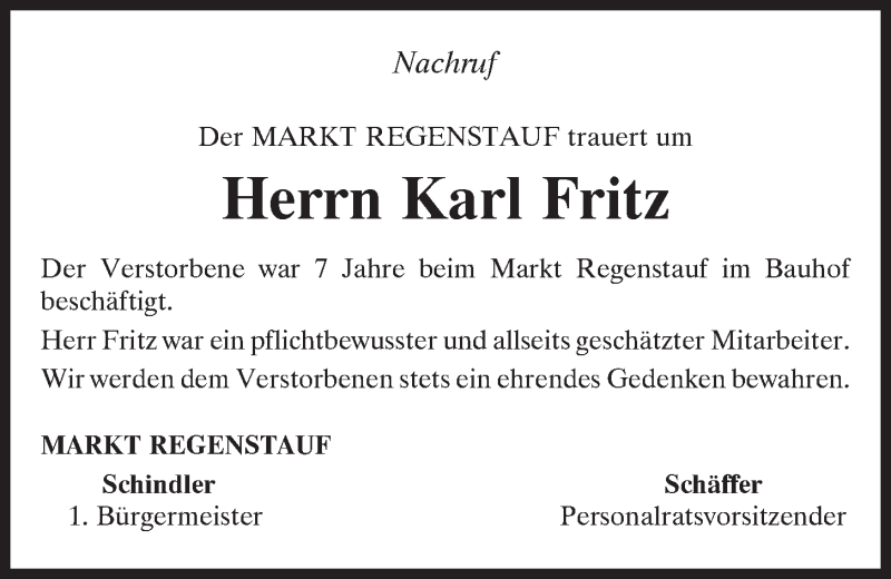  Traueranzeige für Karl Fritz vom 21.05.2021 aus Mittelbayerische Zeitung Regensburg