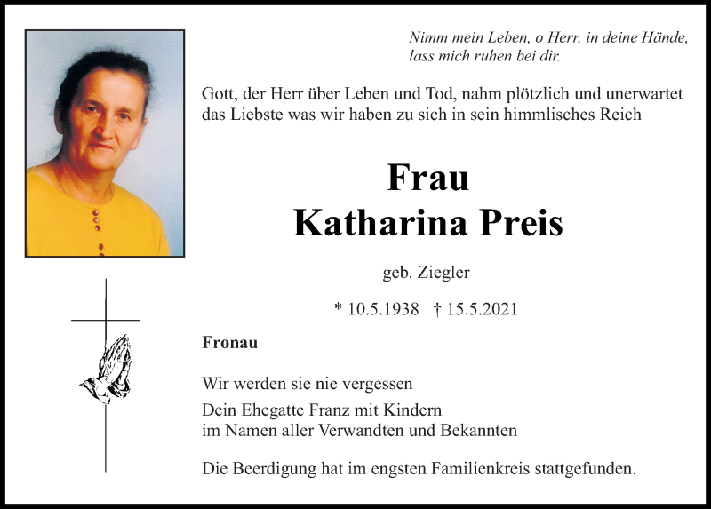  Traueranzeige für Katharina Preis vom 20.05.2021 aus Bayerwald Echo