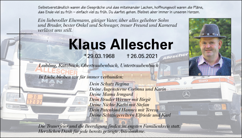  Traueranzeige für Klaus Allescher vom 01.06.2021 aus Bayerwald Echo