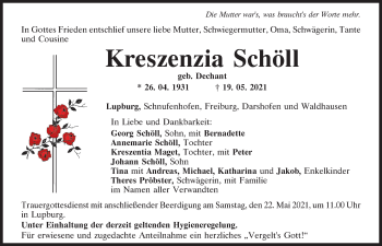 Traueranzeige von Kreszenzia Schöll von Neumarkter Tagblatt