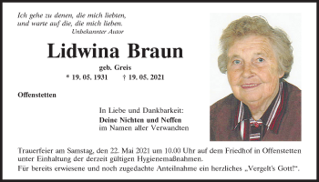 Traueranzeige von Lidwina Braun von Mittelbayerische Zeitung Kelheim