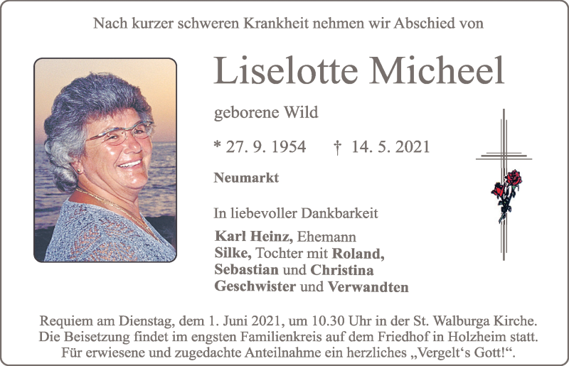  Traueranzeige für Liselotte Micheel vom 29.05.2021 aus Neumarkter Tagblatt